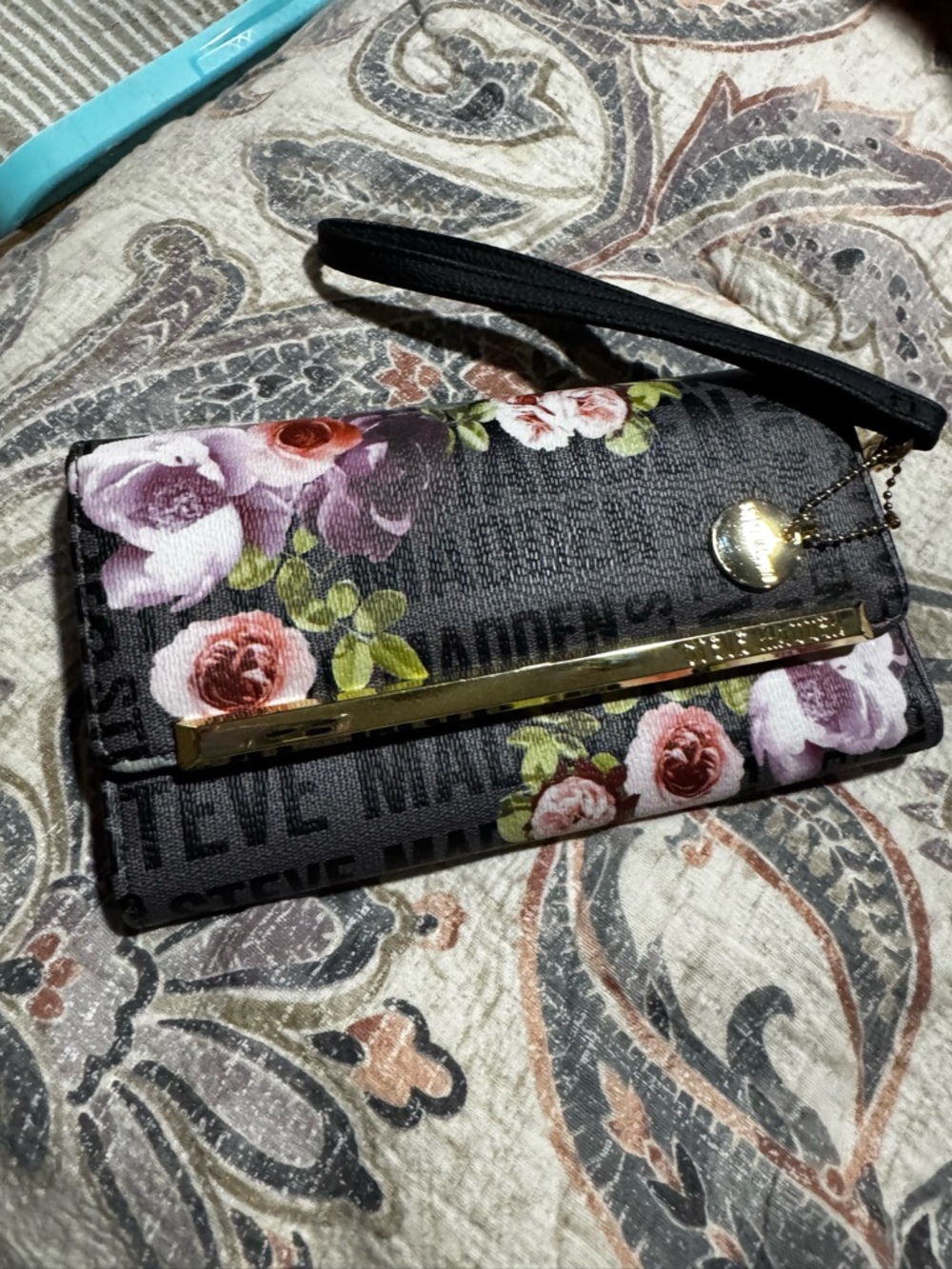 Steve Madden Black Floral Wristlet with Gold Accent